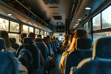 A bus with teenage students traveling on a field trip. Bus interior.