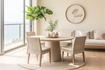 Japandi Style. Round Wood Slab Dining Table and Chairs in Modern Small Room Interior Design