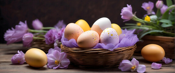 Decorated Easter eggs in wooden basket with flowers, Easter background, banner, template, copy space text