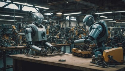  a couple of robots sitting on top of a wooden table in a room filled with lots of other machines and tools on top of a wooden table next to each other machines.