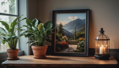  a potted plant sitting on a wooden table next to a framed picture of a mountain scene with a lantern and a potted plant on a table in front of a window sill.