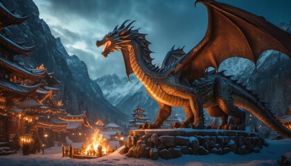  a dragon statue sitting on top of a pile of snow covered ground in front of a building with a fire in the middle of the ground and mountains in the background. - obrazy, fototapety, plakaty