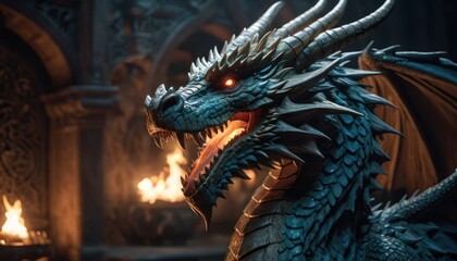  a close up of a dragon with its mouth open and glowing fire coming from it's mouth in a dimly lit room with a fireplace in the middle of the background.
