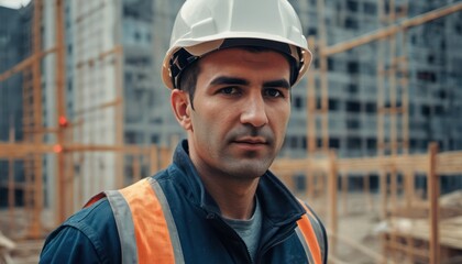  a man wearing a hard hat standing in front of a construction site in the middle of a city with tall buildings in the backgrould of the picture.