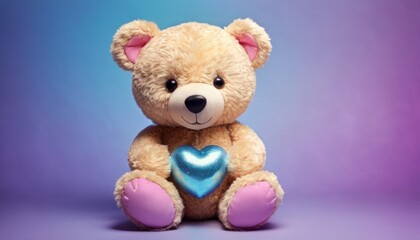  a brown teddy bear with a blue heart on a purple and blue background with a pink heart on the bottom of the teddy bear's legs and a blue and pink heart on the bottom of the.