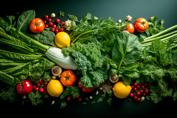Composition with fresh vegetables on a green background. Food background.  month of Vegetarian and vegan diet.