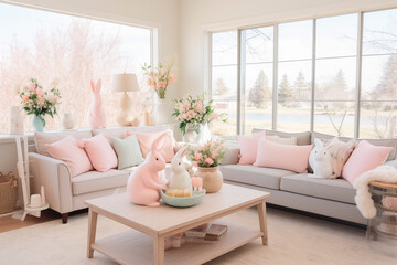 Obraz premium Stylish interior of light living room in pink color with sofa, armchair and Easter decor.