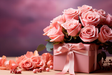 Beautiful bouquet of Pink roses and gift box with satin bow on pastel pink background. Birthday, Wedding, Mother's Day, Valentine's day, Women's Day concept.