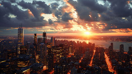 A breathtaking aerial view of a cityscape at sunset, with the skyline glowing under a vibrant, cloud-filled sky.
