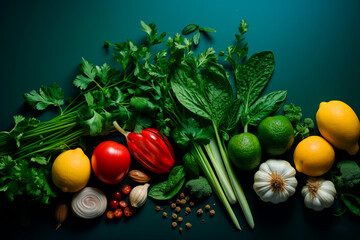 Composition with fresh vegetables on a green background. Food background.  month of Vegetarian and vegan diet.