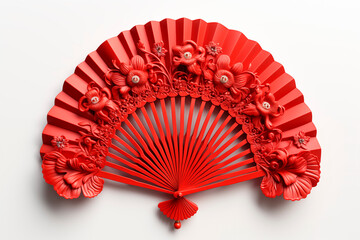 Red paper Hand fan on white background. Traditional lunar new year paper fan. - obrazy, fototapety, plakaty