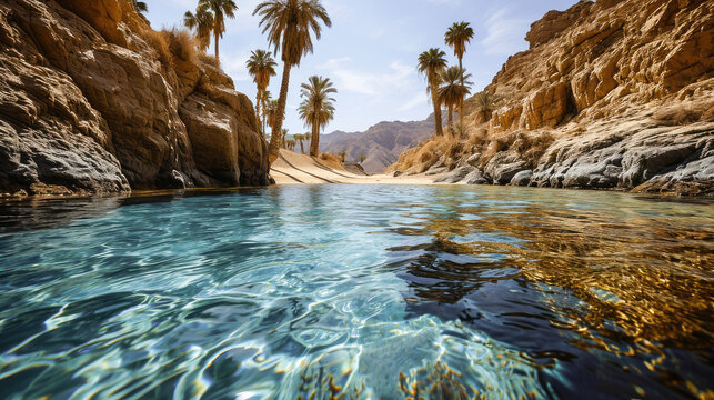 Stunning image of a tranquil oasis with clear water and palm trees tucked between rocky desert mountains.