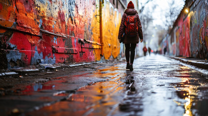 A lone adventurer walks through a colorful graffiti-covered alley, reflecting on wet pavement in...