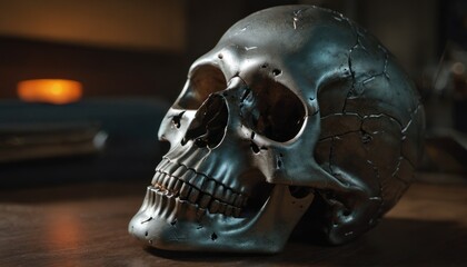  a close up of a metal skull on a table with a cell phone in the background and a blurry image of a book on the table in the background.