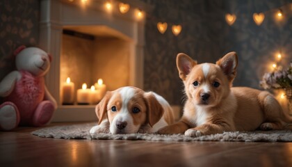 two puppies laying on a rug in front of a fireplace with a teddy bear and a teddy bear on the floor in front of the fireplace and a teddy bear in the background.