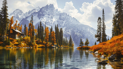 An autumnal mountain scene with a cabin by the lakeside, surrounded by golden foliage and towering peaks.