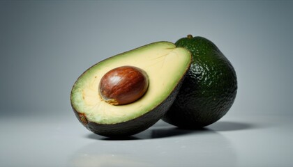  two halves of an avocado and a half of an avocado on a white surface with a light gray backgrounce and a gray background.