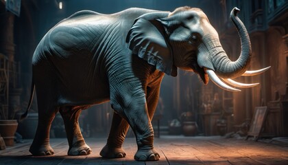  an elephant standing on a wooden floor in front of a building with a light shining on it's head and tusks on it's tusks.