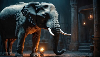  an elephant with tusks standing in a dark room with a light on it's side and a candle in the middle of it's front of its trunk.