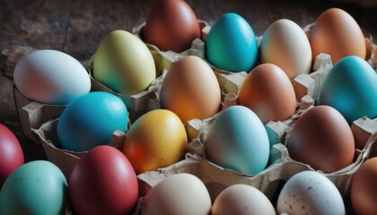  a bunch of eggs sitting in a carton on top of a wooden table with eggs painted in different shades of blue, green, yellow, red, orange, and white.