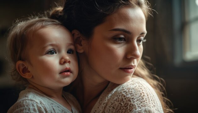  A Woman Holding A Baby Who Is Wearing A White Shirt And Has Her Head On The Shoulder Of A Woman Who Is Wearing A White Shirt And Has Her Arm Around Her Neck.