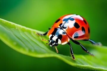 Fototapeta premium Get an up-close view of a ladybug, showcasing its vibrant colors, spots, and the texture of its tiny shell, background image, generative AI
