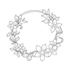 Floral wreath plant in art nouveau 1920-1930. Hand drawn wreath with weaves of lines, leaves and flowers.