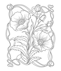 Floral poppy plant in art nouveau 1920-1930. Hand drawn poppy with weaves of lines, leaves and flowers.
