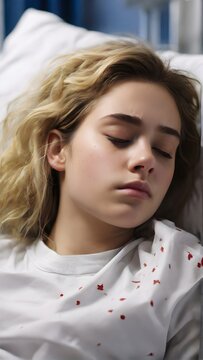 Portrait of a young white female sleeping sick in a hospital bed with a pained face, background image, generative AI