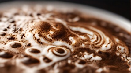 Close-up of Detailed Coffee Foam, Highlight the detailed patterns and textures in the foam of a freshly brewed cup of coffee, background image, generative AI