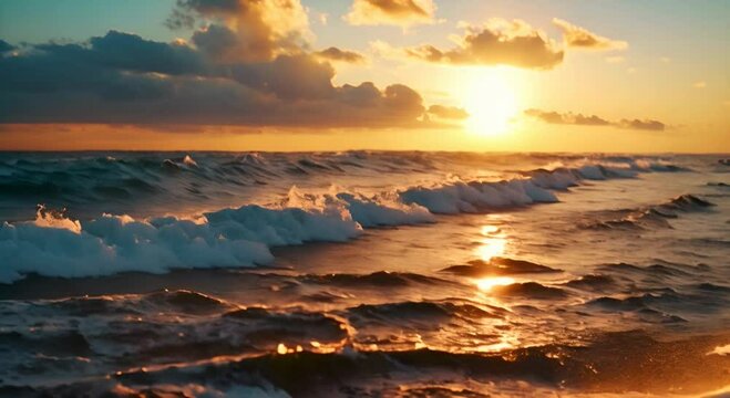 Sunset over the sea with waves reflecting the golden sunlight. The concept of tranquility and the grandeur of nature.