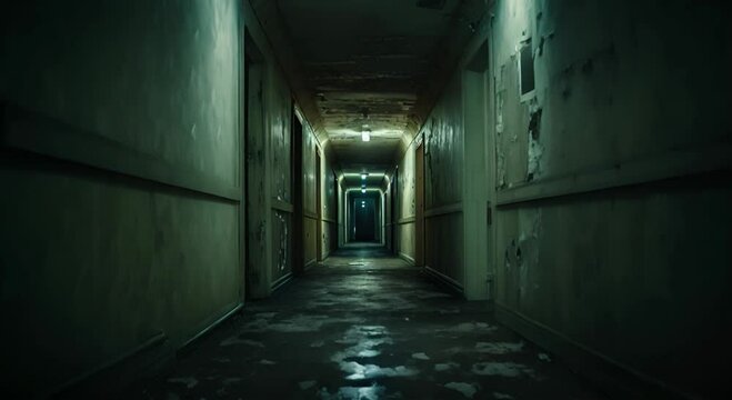 An abandoned corridor with musty air and flickering light at the end. The concept of the forgotten and deserted.