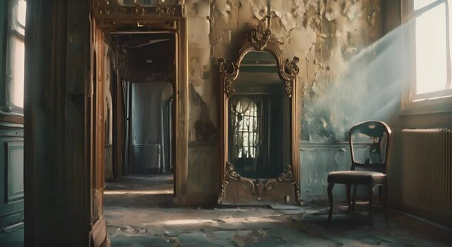Abandoned corridor with a mirror and an antique chair. The concept of decay and oblivion.