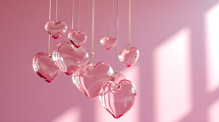 hearts and glass hearts hanging, pink background. Valentine's Day concept.  