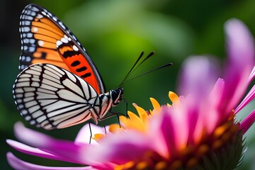 Fototapeta premium Zoom in on a butterfly resting on a vibrant flower, highlighting the colors and patterns of both the insect and the bloom, background image, generative AI