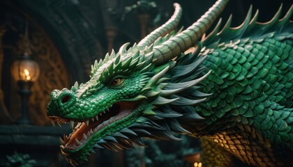  a close up of a green dragon statue with it's mouth open and it's eyes wide open and it's mouth wide open, with its mouth wide open. - obrazy, fototapety, plakaty