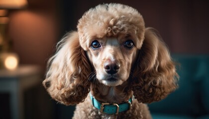  a close up of a poodle with a blue collar and a light blue chair in the background and a lamp on a table in the corner of the room.