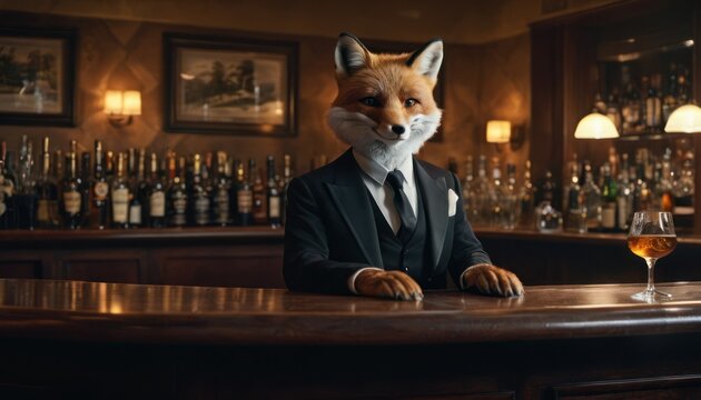  a fox wearing a suit and tie sitting at a bar with a glass of wine in front of a wall full of liquor bottles and framed pictures on the wall.