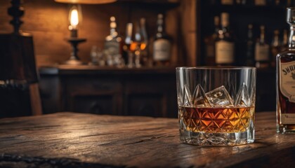  a glass of whiskey sitting on top of a wooden table next to a bottle of whiskey and a bottle of whiskey on a wooden table in front of a bar. - obrazy, fototapety, plakaty