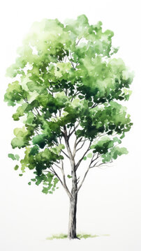 Painting of green tree isolated on white