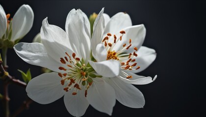  a close up of a white flower on a branch with other flowers in the back ground and a black back ground with a white flower in the middle of the center.
