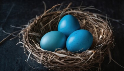 Naklejka na ściany i meble a nest filled with three blue eggs on top of a wooden table next to a black wall and a black tablecloth with a black table cloth and a black background.