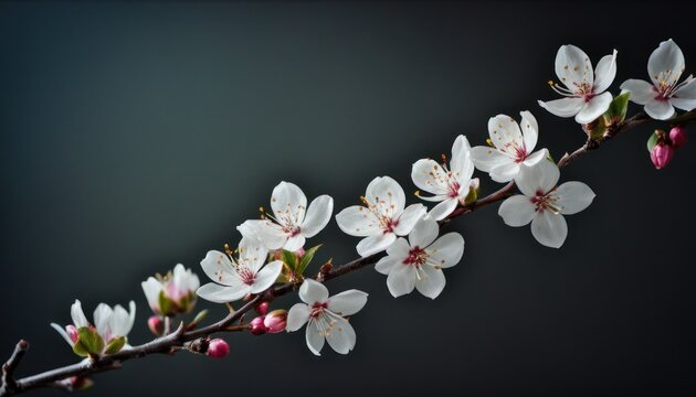  a close up of a branch of a flowered tree with white flowers and red stamens on a black background with a soft focus on the center part of the branch.