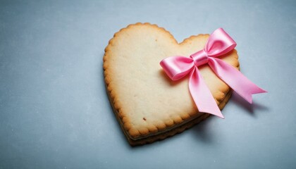 Obraz na płótnie Canvas a heart - shaped cookie with a pink bow on a blue background with copy space for the word i love you written in the middle of the cookie and a pink ribbon on the top of the heart.