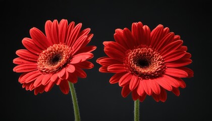  two red gerberia flowers in a vase on a black background with a reflection of the same flower in the vase on the opposite side of the same flower.
