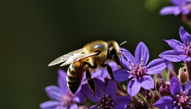  a close up of a bee on a flower with purple flowers in the foreground and a blurry background of a green area in the middle of the picture.