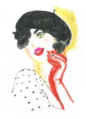 Poster Im Rahmen lady wearing beret. watercolor painting. illustration © Anna Ismagilova