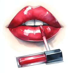 red sexy woman lips with lipgloss watercolor paint for fashion beauty card decor - obrazy, fototapety, plakaty