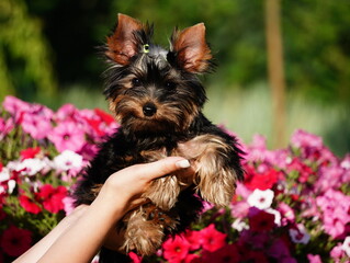 Yorkshire Terrier Puppy Sitting in girl's arms amid pink flowers. Cute Dog. Copy space for text