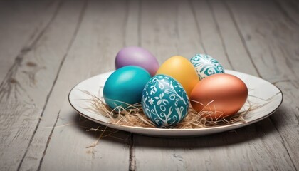  a plate filled with colorful easter eggs on top of a wooden table next to a basket of hay and a bottle of wine on top of a wooden planks.